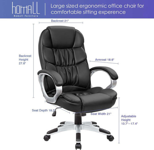 Office Chair High Back Computer Desk Chair, Leather Adjustable Height Modern Executive Swivel Task Chair with Padded Armrests and Lumbar Support (Black)