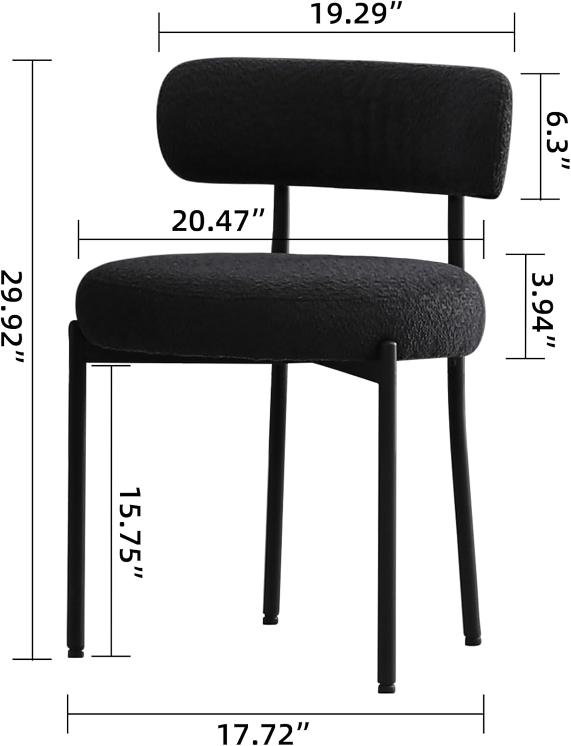 Black Boucle Dining Chairs Set of 2, Mid Century Modern Kitchen Chairs with Curved Backrest and Metal Legs, Upholstered Dining Room Chairs