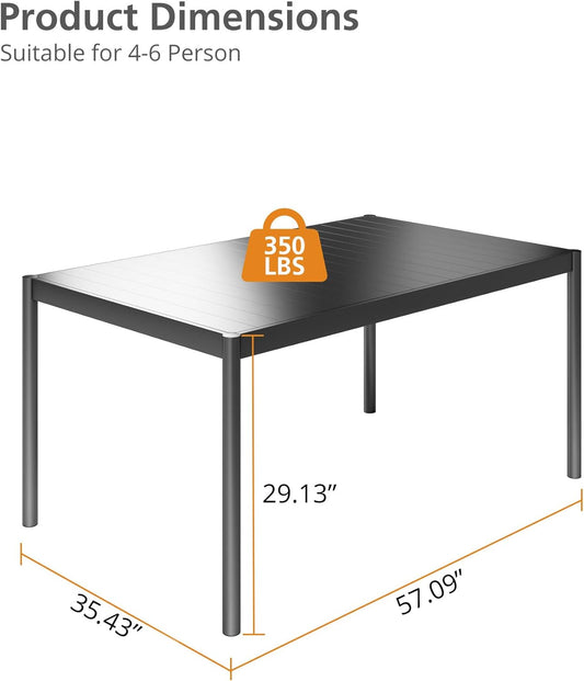 Aluminum Patio Dining Table for 4-6 Person, 58" x 36" Rectangle Outdoor Dining Table with Aluminum Tabletop and Metal Frame for Garden Lawn Deck Backyard, Black