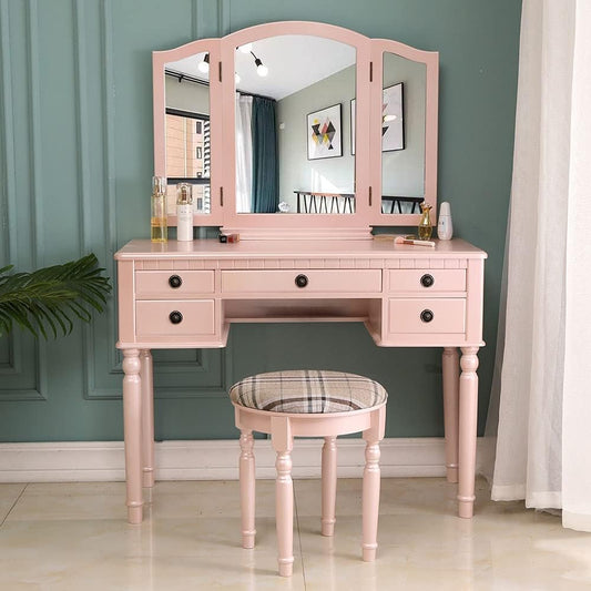 Dresser Three-Fold Square Drawers Roman Column Dressing Table with Dressing Stool Fluorescent in Stock