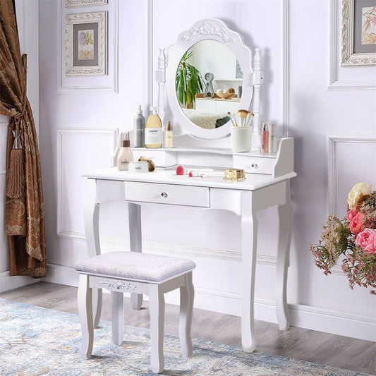 White Dresser Wooden Makeup Dresser Stool 3 Drawer Dressing Table Bedroom Furniture