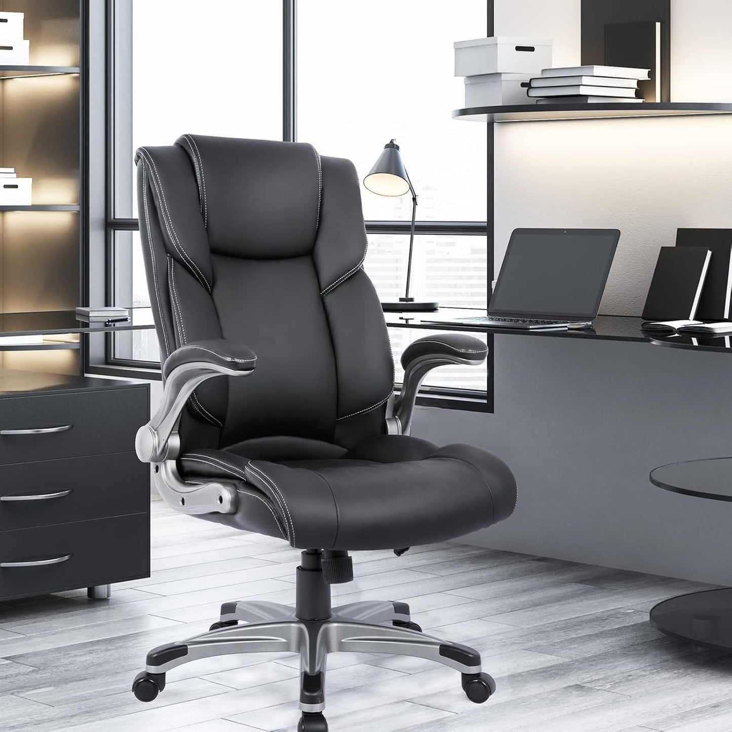 High Back Executive Office Chair- Ergonomic Home Computer Desk Leather Chair with Padded Flip-up Arms, Adjustable Tilt Lock, Swivel Rolling Chair for Adult Working Study-Black