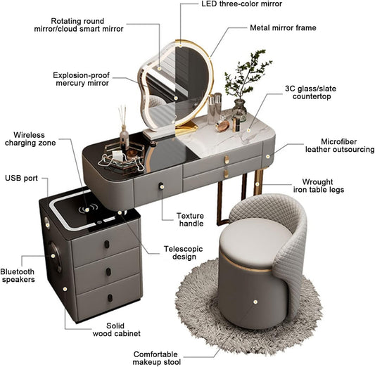 Vanity Desk With Touch Lighted Mirror, Dressing Table With 3 Color Lighting Modes, Makeup Vanity Table With 3 Drawers, Storage Cabinet And Charging Station, For Bedroom ( Color : Beige C , Size :