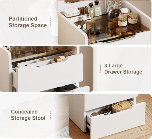Vanity Desk, Makeup 3 in 1 Vanity Desk With Flip Top Mirror, Small Makeup Vanity Set with Visible Glass Desktop, Compact Vanity with 3 Drawers, Storage Padded Stool, Dressing Table for Bedroom White