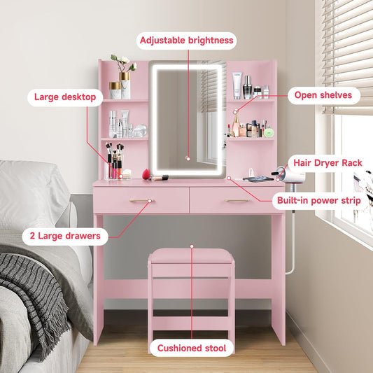 Vanity Set With Mirror, Stool, and Lights - Desk With Power Outlet, 2 Large Drawers - Pink Dressing Table With Lighted Mirror