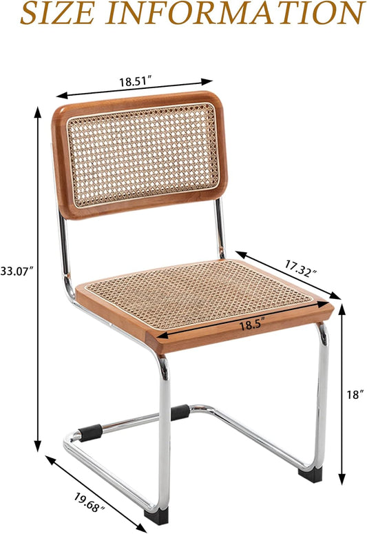 Modern Mid Century Dining Chairs Set of 2, Upholstered Natural Rattan Kitchen Chairs Accent Chair, Armless Side Chairs with Metal Chrome Legs for Bedroom Living Room-Brown