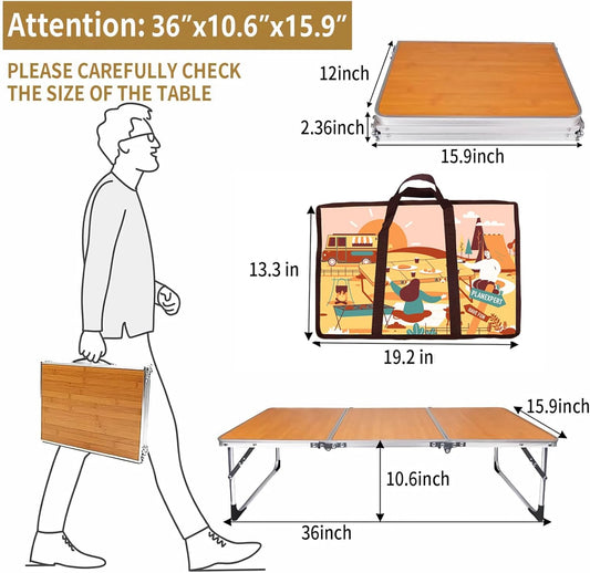 Folding Camping Table,3 Feet Portable Outdoor Table with Aluminum Legs,3 Fold Lightweight Beach Table with Handle,Camping Accessories for Home Picnic BBQ Garden Cooking