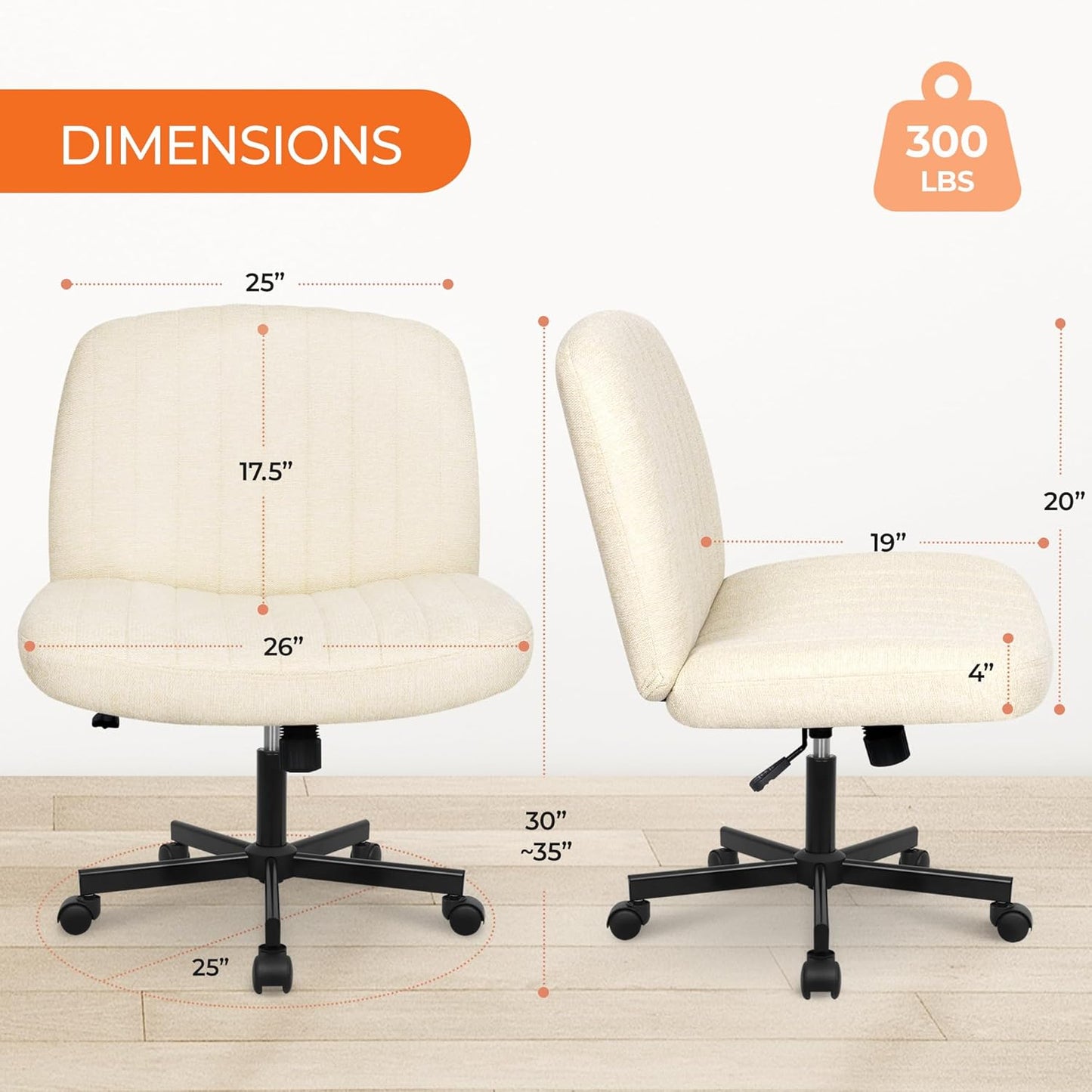 Criss Cross Chair with Wheels Comfy Cross Legged Office Desk Armless Wide Vanity Makeup Chair Adjustable Rolling Computer for Home Office Fabric (Beige)