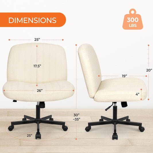 Criss Cross Chair with Wheels Comfy Cross Legged Office Desk Armless Wide Vanity Makeup Chair Adjustable Rolling Computer for Home Office Fabric (Beige)