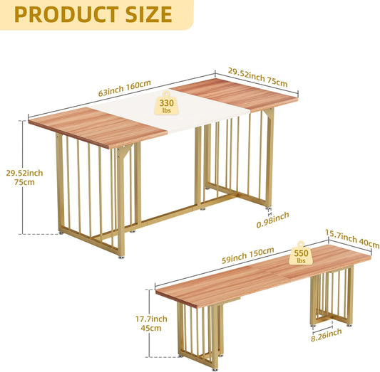 3-Piece Dining Table Set for 6-8 People 63" Kitchen Table with 2 Benches Rectangular Farmhouse Dining Room Table Set for Home Kitchen Restaurant Apartment Walnut