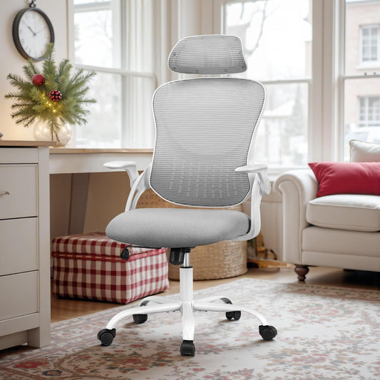 Home Office Desk Chair, Ergonomic Computer Managerial Executive Chairs High-Back Work Swivel Task Chairs with Wheels, Lumbar Support, Comfy Flip-up Armrest for Gaming, Study, Student, Grey