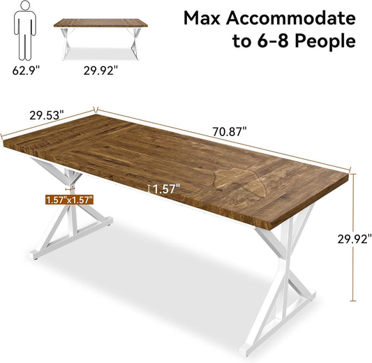 Farmhouse Dining Table for 6-8 People, 70.8 Inch Rectangular Wood Dining Table, Rustic Kitchen Table with Extra Heavy Duty Metal Legs for Dining Room - Rustic Oak/White