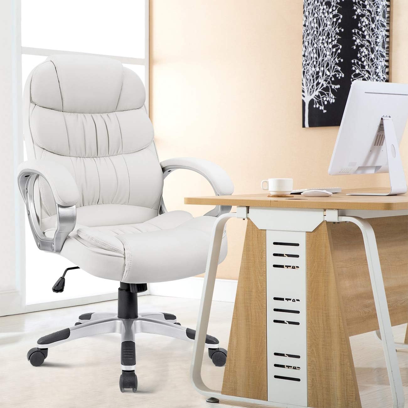 Office Chair High Back Computer Desk Chair, Leather Adjustable Height Modern Executive Swivel Task with Padded Armrests and Lumbar Support (White)
