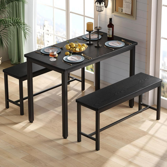 Dining Table Set for 4, 3-Piece Kitchen Table with 2 Benches, Space-Saving Dining Room Set for Breakfast Nook and Small Spaces, Black