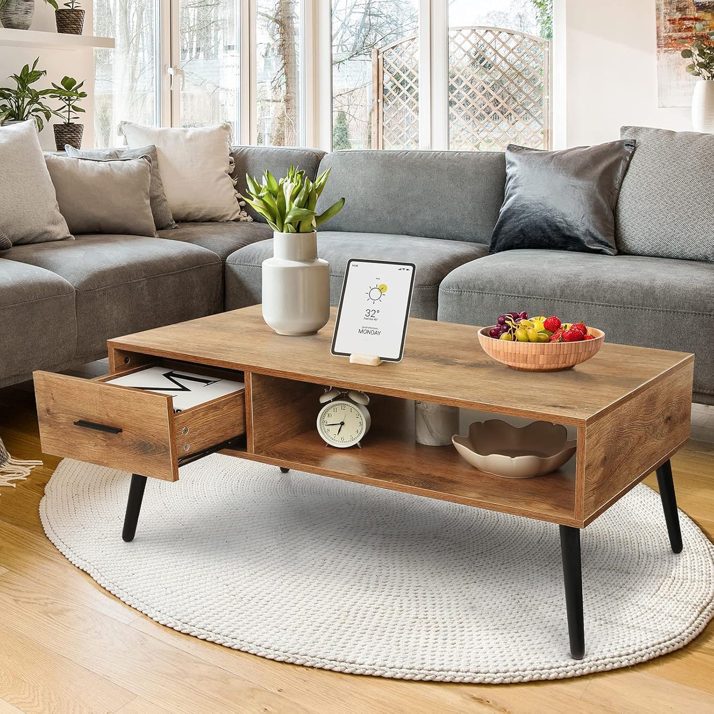 Coffee Table, Mid Century Modern Style Cocktail Table TV Stand with Drawer, Open Storage Shelf, Stable Floor-Anti-Scratching Pine Leg for Home, Office, Living Room