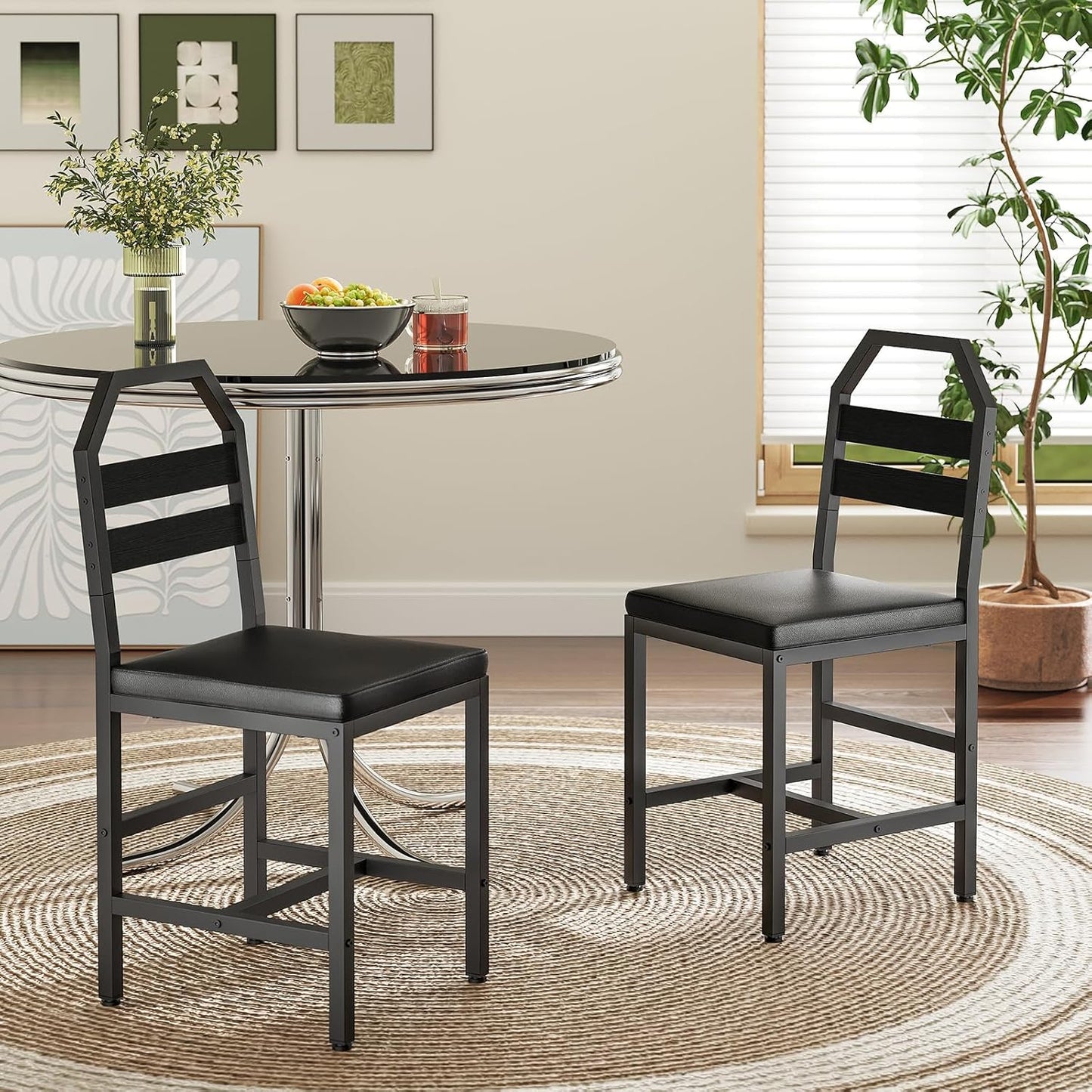 Dining Chairs Set of 2, Kitchen Chairs with Back Support, Upholstered Seat and Metal Legs, for Dining Room, Kitchen, Living Room, Black
