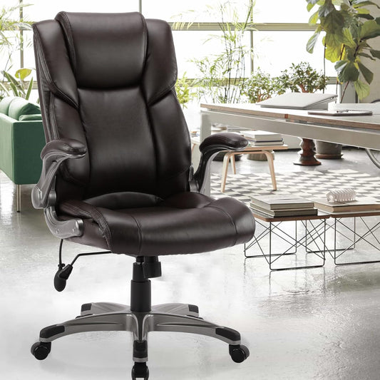High Back Executive Office Chair- Ergonomic Home Computer Desk Leather Chair with Padded Flip-up Arms, Adjustable Tilt Lock, Swivel Rolling Chair for Adult Working Study-Brown
