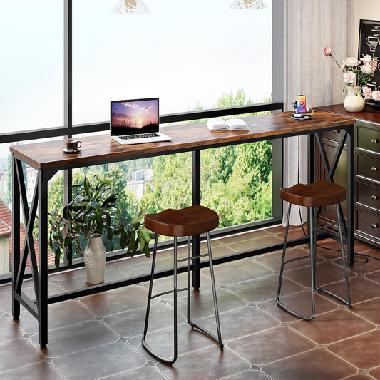 70.9'' Bar Table, Kitchen Dining Table with Power Outlet and Footrest, Industrial Style, for Pub, Living Room, Rustic Brown and Black