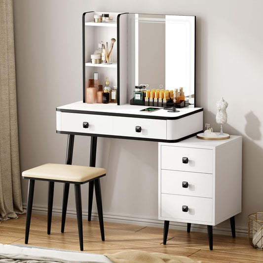 Vanity Table Set with Mirror and Cushioned Stool, Makeup Desk Dressing Table with Storage Cabinet, Drawers&Shelves, Make Up Table with Wireless Power Outlests