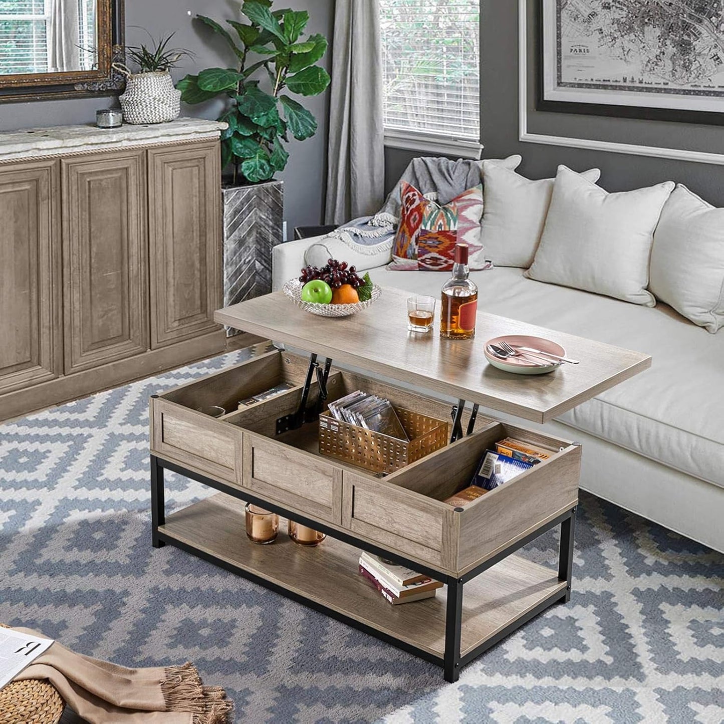 Lift Top Coffee Table with Hidden Compartments & Open Shelf, Tabletop Metal Frame Cocktail Table, Rising Center/Acent Table for Living Room Reception, 18-23inch H, Gray