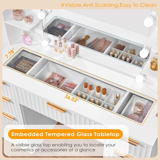 Makeup Vanity Desk with Mirror and Lights,43.3" Large Vanity with 9 Drawers & Glass Top,Makeup Table with Power Outlet,3 Lighting Modes,Stool Dressing Table for Bedroom Women White