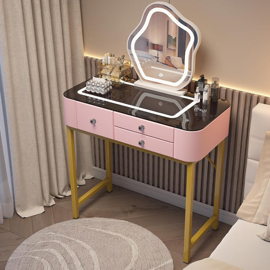 Pink Modern Vanity Desk with Mirror & Lights, Glass Top Makeup Table, 3-Drawer Dressing Table with Stool, Small Vanity Desk for Girls Bedroom