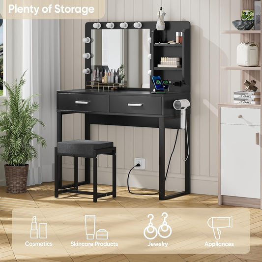 Makeup Vanity Desk with Lights,Vanity Desk with Power Outlet,Vanity Desk with Mirror and Lights, Dressing Table with 2 Drawers