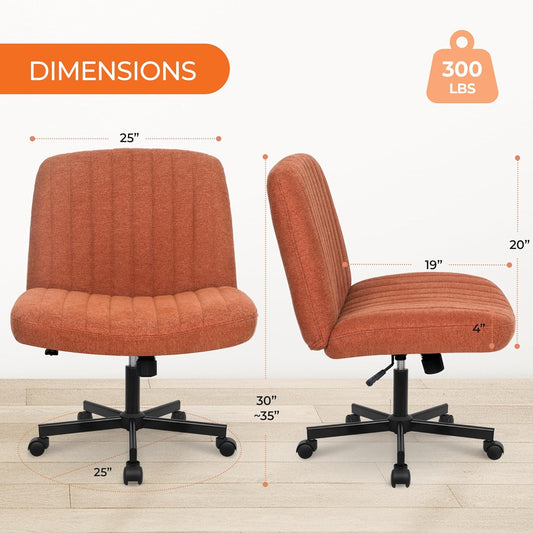 Criss Cross Chair with Wheels Comfy Cross Legged Office Desk Armless Wide Vanity Makeup Chair Adjustable Rolling Computer for Home Office Fabric (Brown)