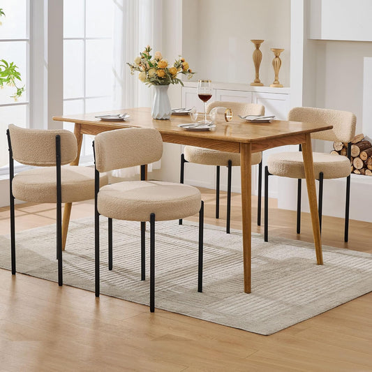 White Boucle Dining Chairs, Kitchen Dining Room Chairs Curved Backrest Upholstered Mid Century Modern Dining Chairs (Beige, 2pcs)