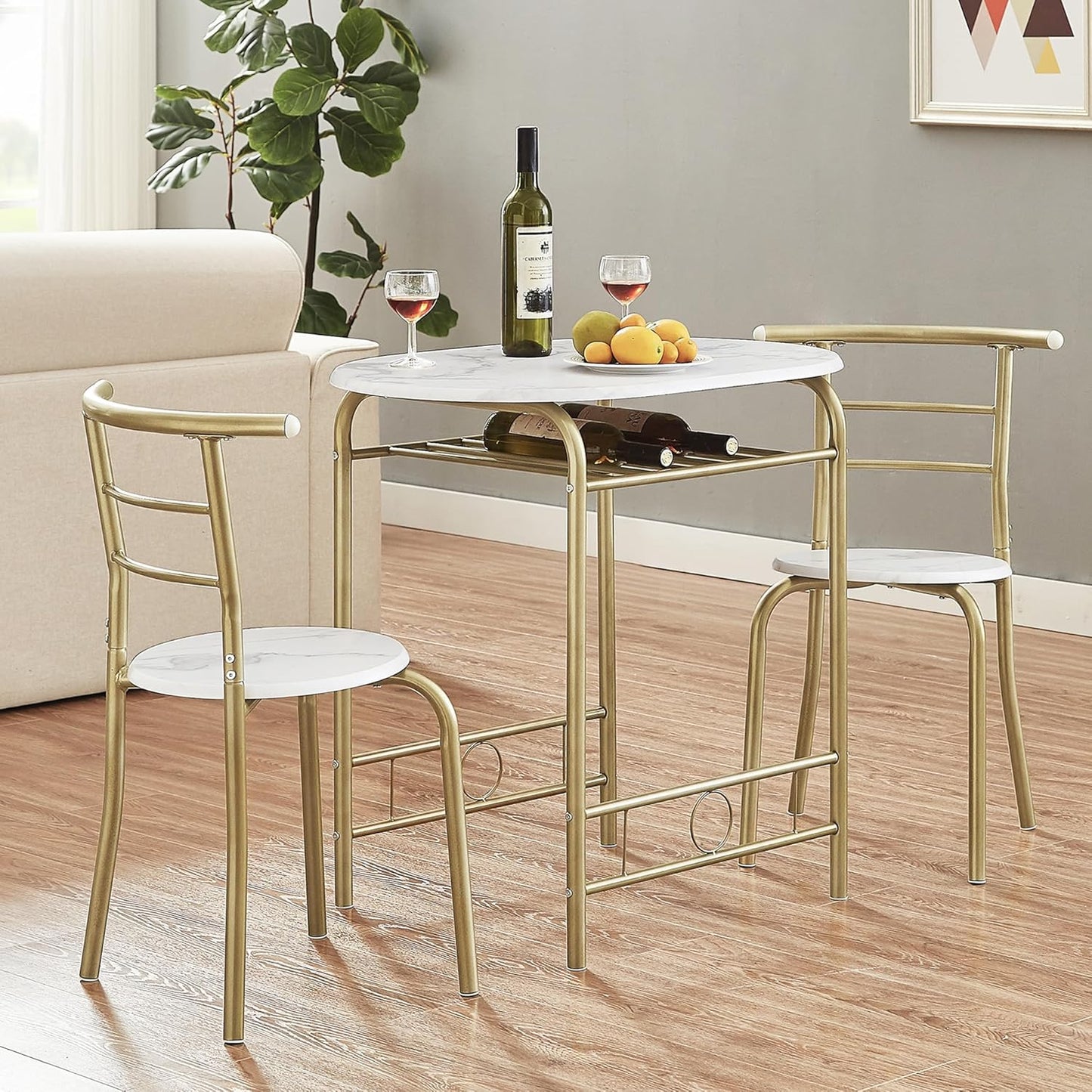 3-Piece Dining Table Set for Kitchen Breakfast Nook, Wood Grain Oval Tabletop and Metal Frame with Built-in Wine Rack, for Small Spaces, White & Gold