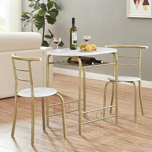 3-Piece Dining Table Set for Kitchen Breakfast Nook, Wood Grain Oval Tabletop and Metal Frame with Built-in Wine Rack, for Small Spaces, White & Gold