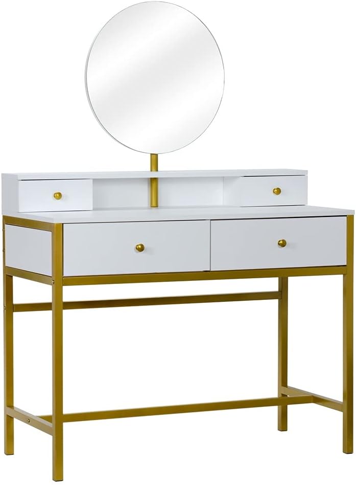 (100 x 45 x 76) CM (L x W x H) Dressers  Desk 4 Drawers with Stool Steel Frame Dressing Table White for Living Room