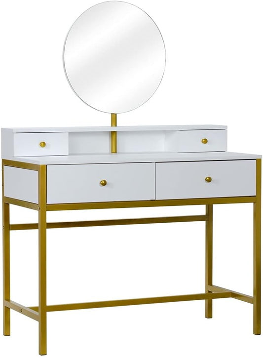 (100 x 45 x 76) CM (L x W x H) Dressers  Desk 4 Drawers with Stool Steel Frame Dressing Table White for Living Room