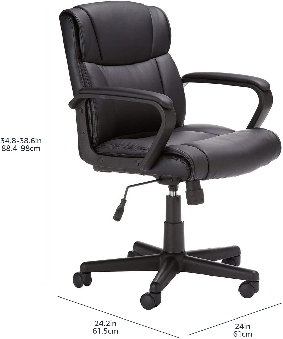 Office Computer Task Desk Chair with Padded Armrests, Mid-Back, Adjustable, 360 Swivel, Rolling, 275 Pound Capacity,  Certified, 24.2"D x 24"W x 34.8"H, Black Faux Leather