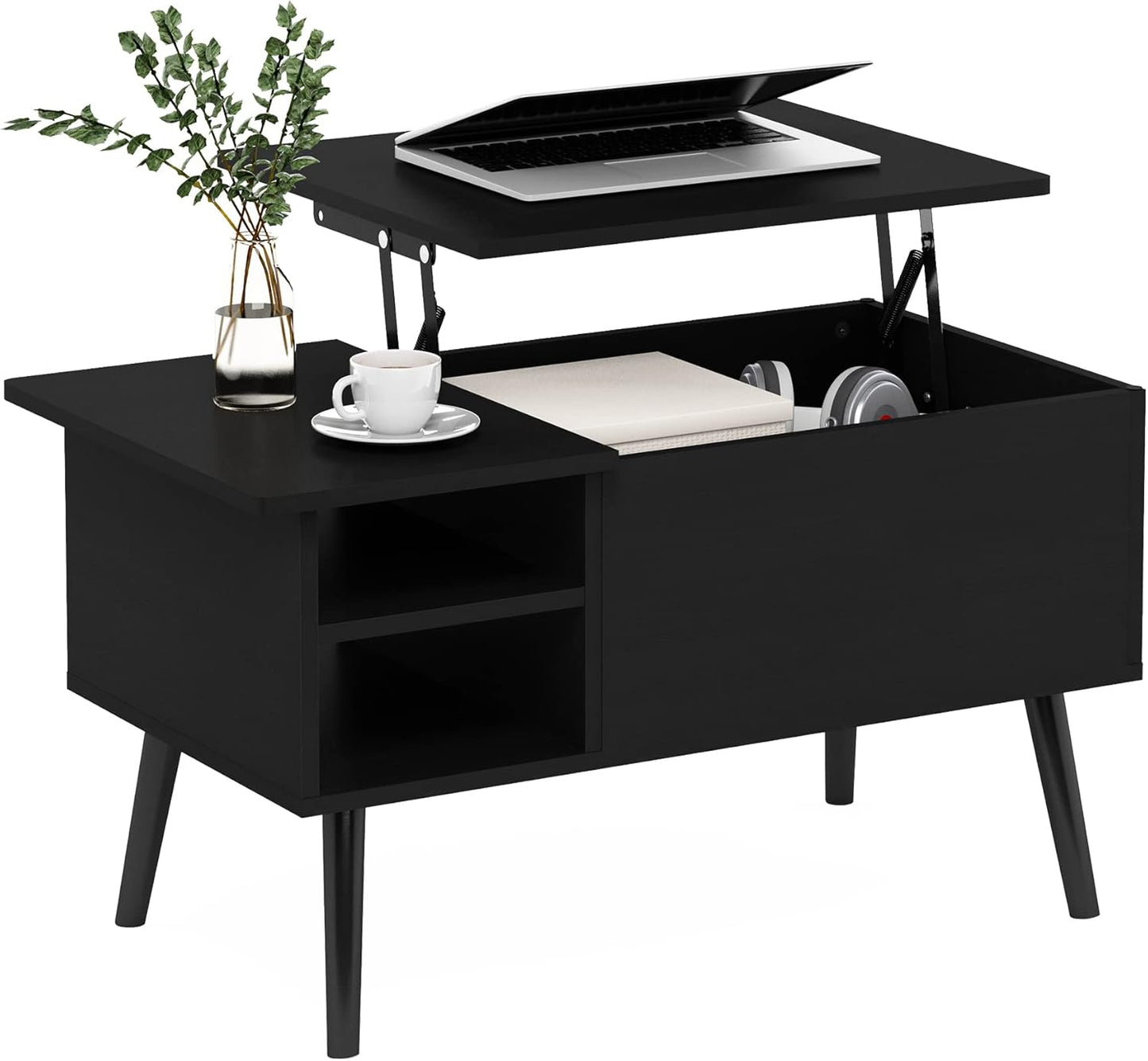 Living Room Wooden Leg Lift Top Coffee Table With Hidden Compartment and Side Open Storage Shelf, Americano