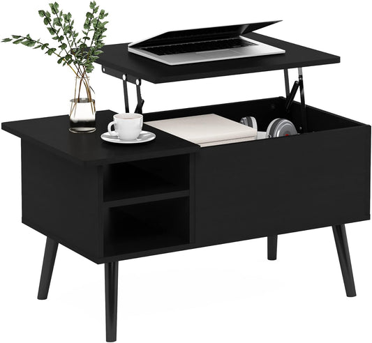 Living Room Wooden Leg Lift Top Coffee Table With Hidden Compartment and Side Open Storage Shelf, Americano