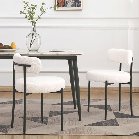 White Dining Chairs Set of 2, Modern Dining Room Chairs Mid Century with 3.94" Cushions and Metal Legs, Round Upholstered Boucle Chairs for Kitchen, Living Room, Easy Assembly