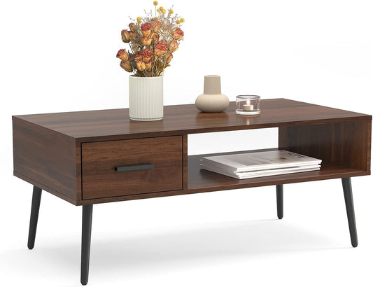 Coffee Table, Mid Century Modern Style Cocktail Table TV Stand with Drawer, Open Storage Shelf, Stable Floor-Anti-Scratching Pine Leg for Home, Office, Living Room - Walnut