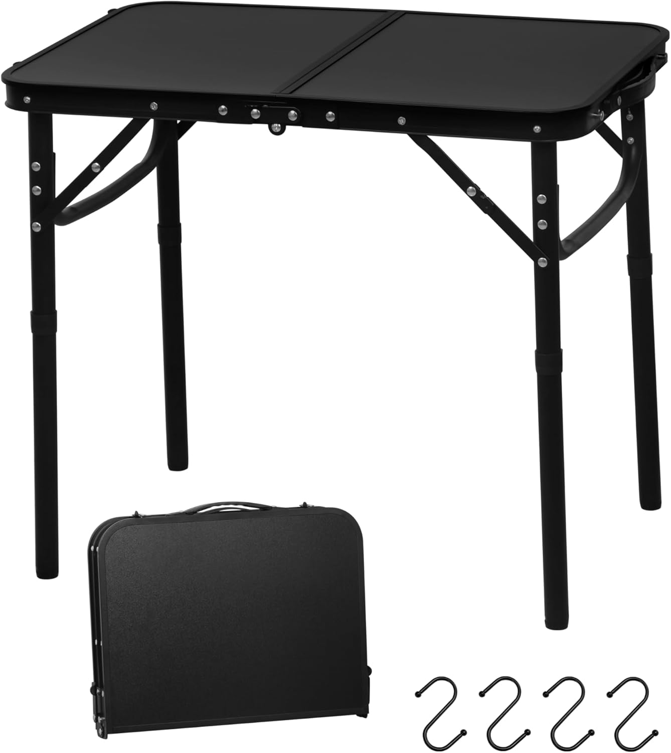 Reinforced Small Folding Table Portable, Small Foldable Camping Table, Heavy-Duty Mini Folding | Adjustable Height | Lightweight  Aluminum with Handle | Black 25.2"x16.3"x22.2"