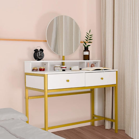 (100 x 45 x 76) CM (L x W x H) Dressers  Desk 4 Drawers with Stool Steel Frame Dressing Table White for Living Room