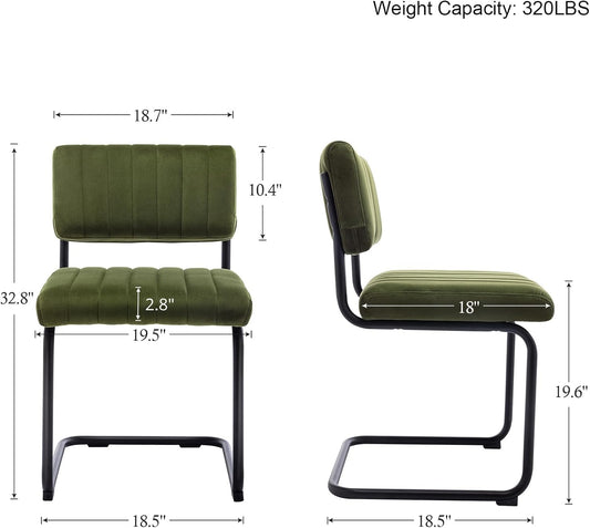 Mid Century Modern Dining Chairs Set of 2, Green Velvet Kitchen Chairs with Tufted Backs, Upholstered Wide Seat, Armless Cantilevered Chairs with Metal Legs for Kitchen Living Room