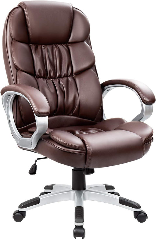 Office Chair High Back Computer Chair Ergonomic Desk Chair, Leather Adjustable Height Modern Executive Swivel Task Chair with Padded Armrests and Lumbar Support (Brown)