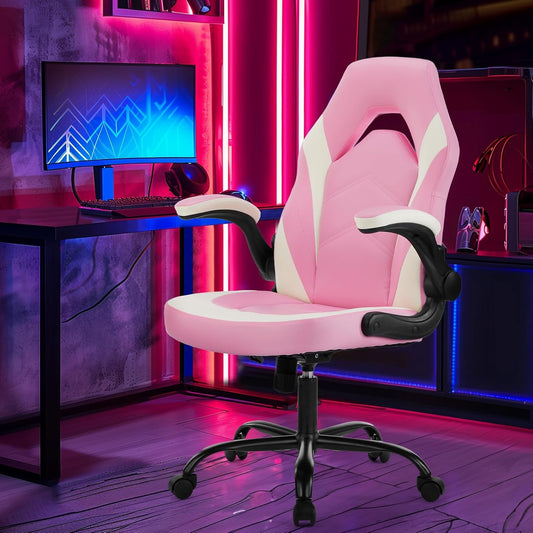 Computer Gaming Desk Chair - Pink Ergonomic Office Executive Adjustable Swivel Task PU Leather Racing Chair with Flip-up Armrest for Adults, Kids, Men, Girls, Gamer, White Pink