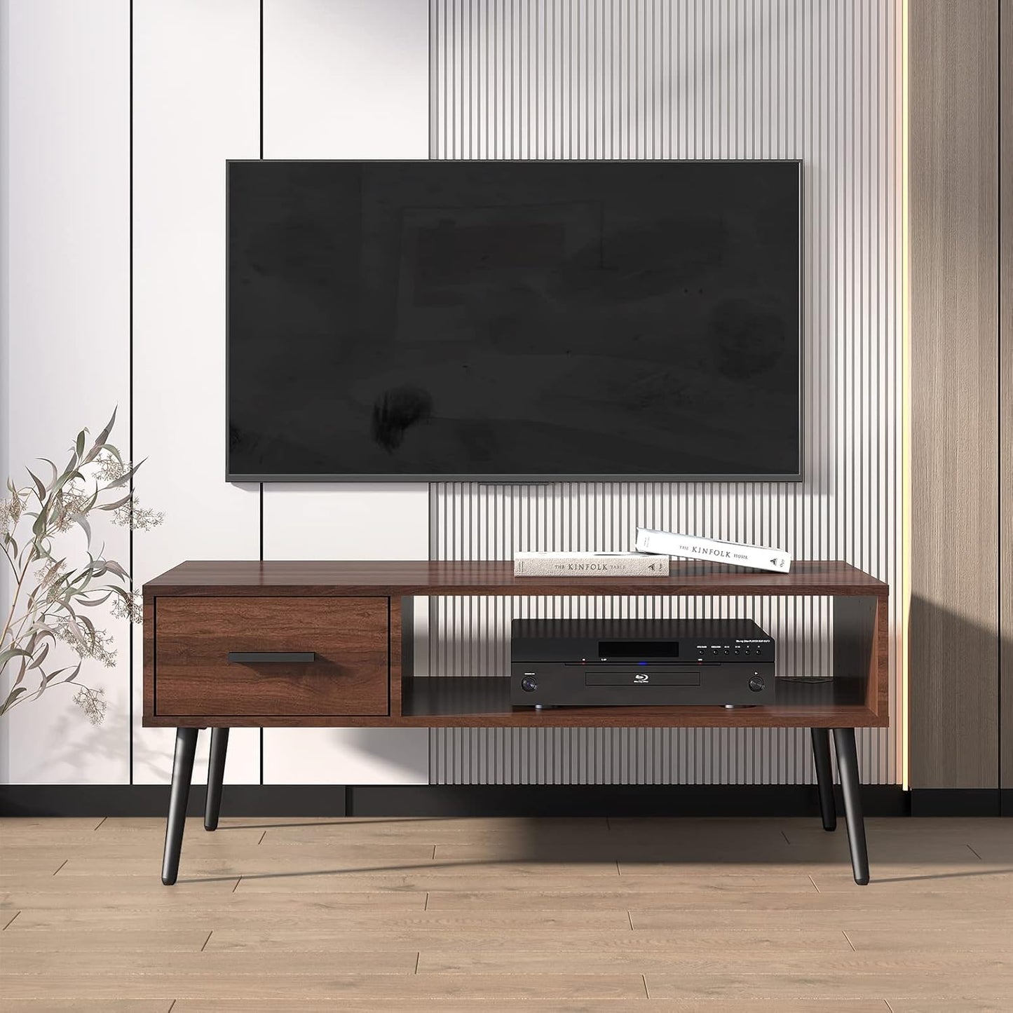 Coffee Table, Mid Century Modern Style Cocktail Table TV Stand with Drawer, Open Storage Shelf, Stable Floor-Anti-Scratching Pine Leg for Home, Office, Living Room - Walnut