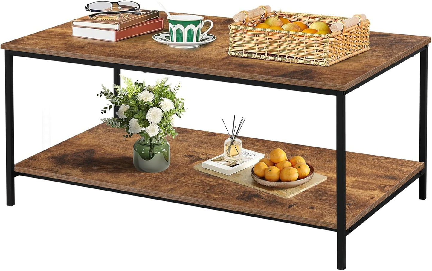 2-Tier Coffee Table with Storage Shelf for Living Spaces, Brown Rectangle Wood and Sturdy Metal Side End Table, Functional Center Table for Living Room, 39.3 x 20 x 24.4