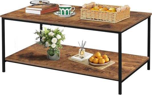 2-Tier Coffee Table with Storage Shelf for Living Spaces, Brown Rectangle Wood and Sturdy Metal Side End Table, Functional Center Table for Living Room, 39.3 x 20 x 24.4