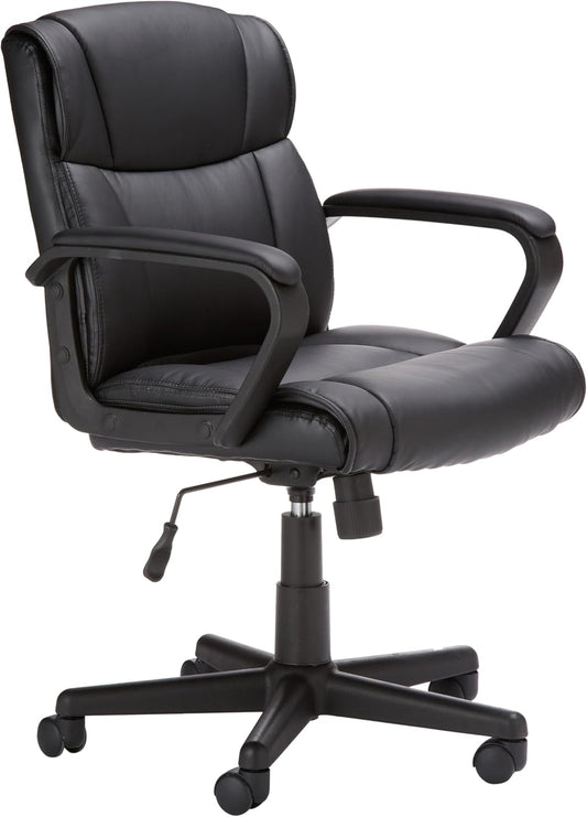 Office Computer Task Desk Chair with Padded Armrests, Mid-Back, Adjustable, 360 Swivel, Rolling, 275 Pound Capacity,  Certified, 24.2"D x 24"W x 34.8"H, Black Faux Leather