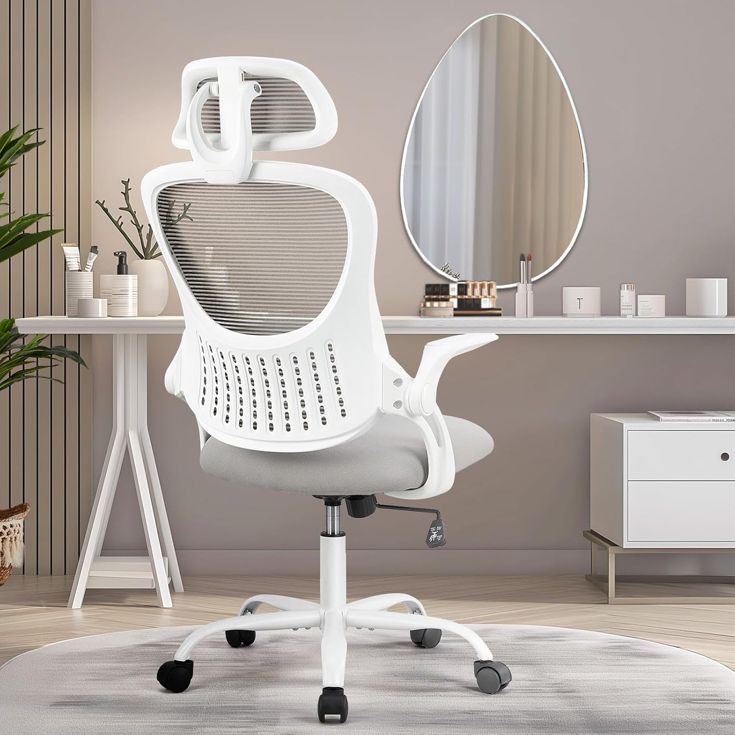 Home Office Desk Chair, Ergonomic Computer Managerial Executive Chairs High-Back Work Swivel Task Chairs with Wheels, Lumbar Support, Comfy Flip-up Armrest for Gaming, Study, Student, Grey