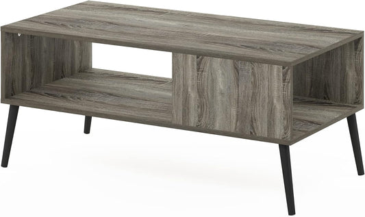 Mid Century Style Coffee Table with Wood Legs, Oak Grey Large Non-Lift Top