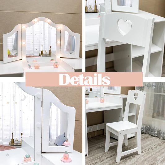 Kids Vanity Table, Princess Makeup Desk & Chair Set Withtouch Light Detachable Tri-Folding Mirror, Open Storage Shelves, Wooden Girls Vanity Dressing Table, Pretend Play Vanity Set for Toddler